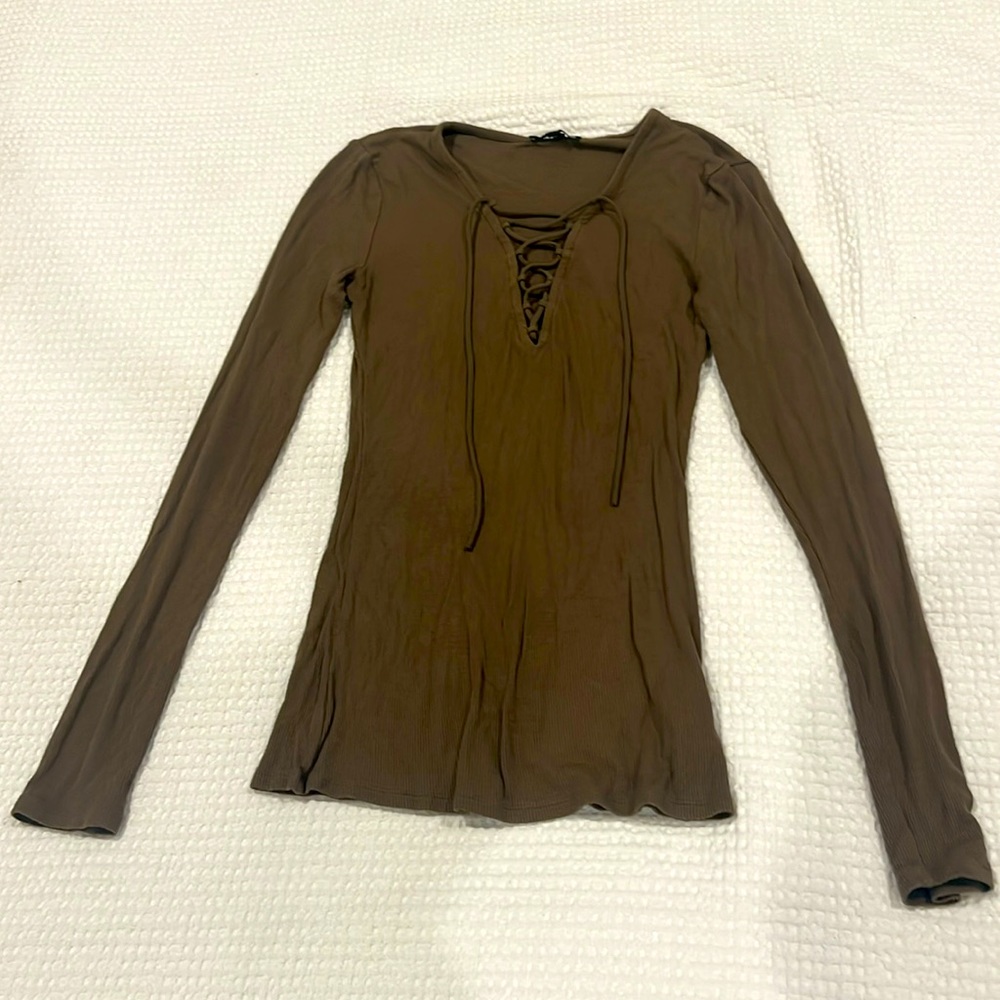 Olive green Express long sleeve crisscross v neck shirt, size S